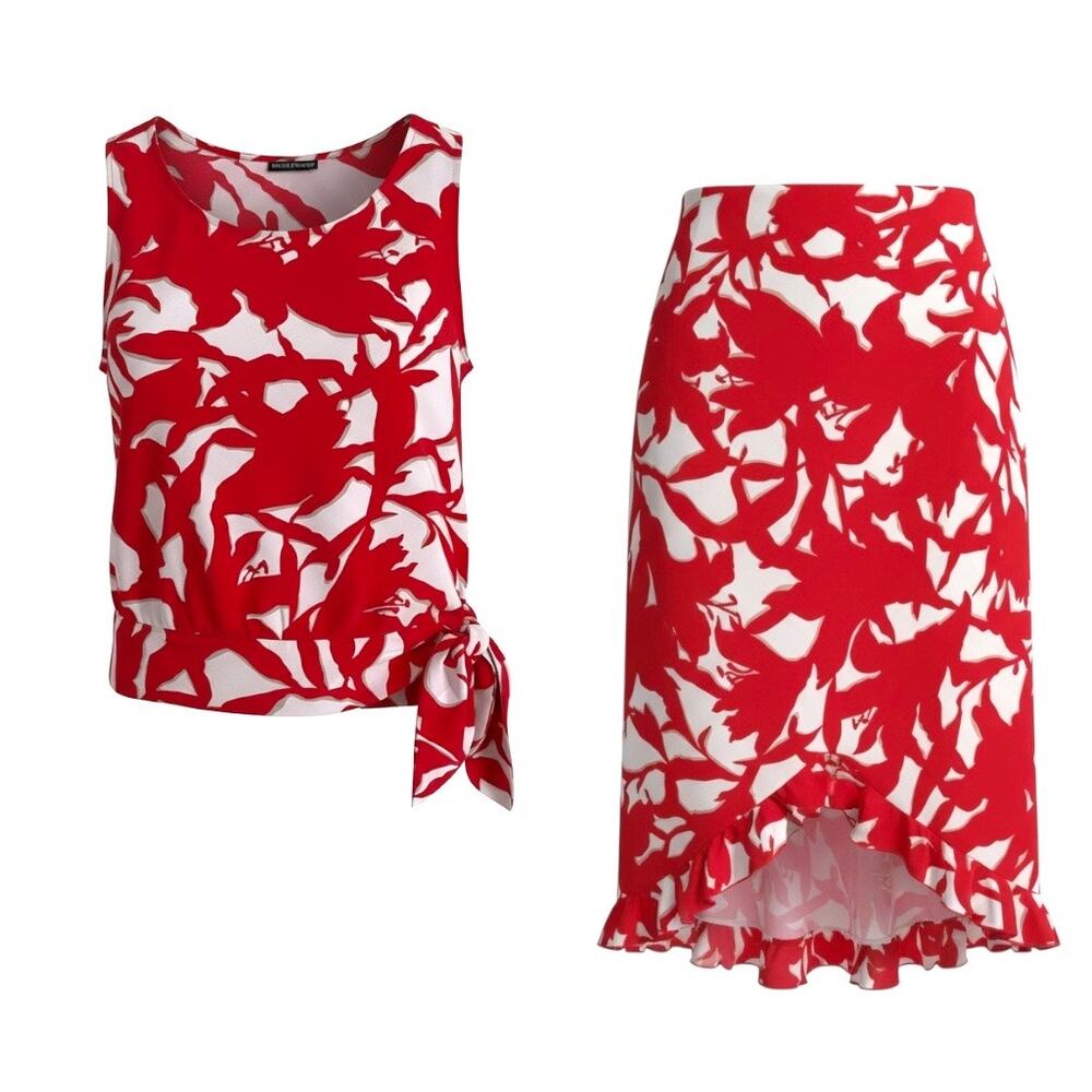 Bentley Arbuckle 100% Silk Matching Skirt Set Red White Floral Size 10